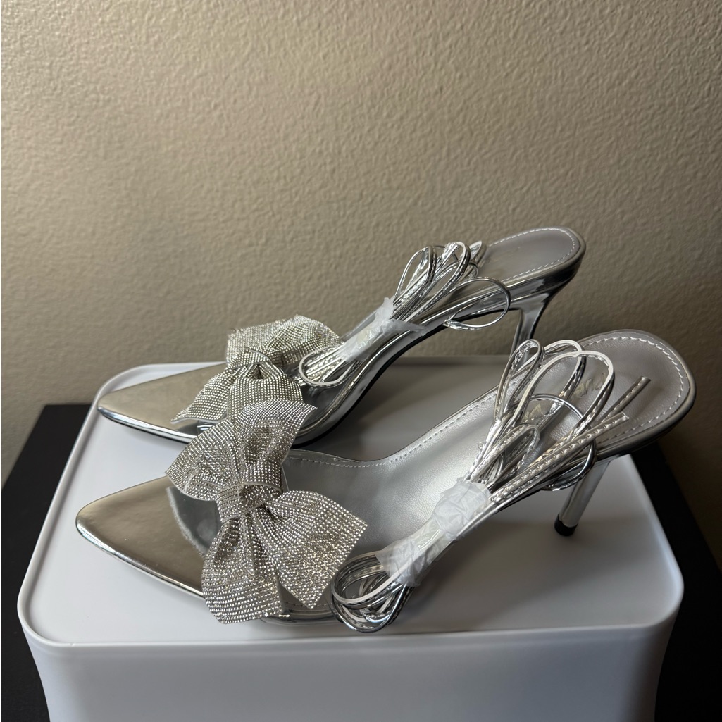 Public Desire Metallic Silver Heels With Bow